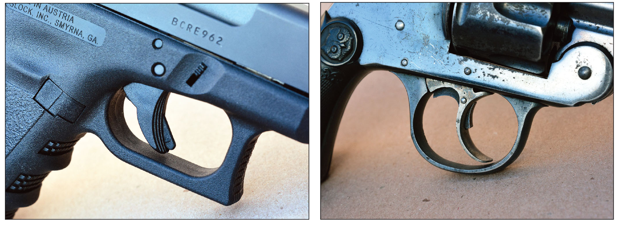 The Glock 19 Gen 3 (left) features its Safe Action trigger system. While Glock pistols feature a pivoting safety within the trigger, this was hardly a new idea as can be seen with the accompanying Iver Johnson revolver (right) that is more than 100 years old.